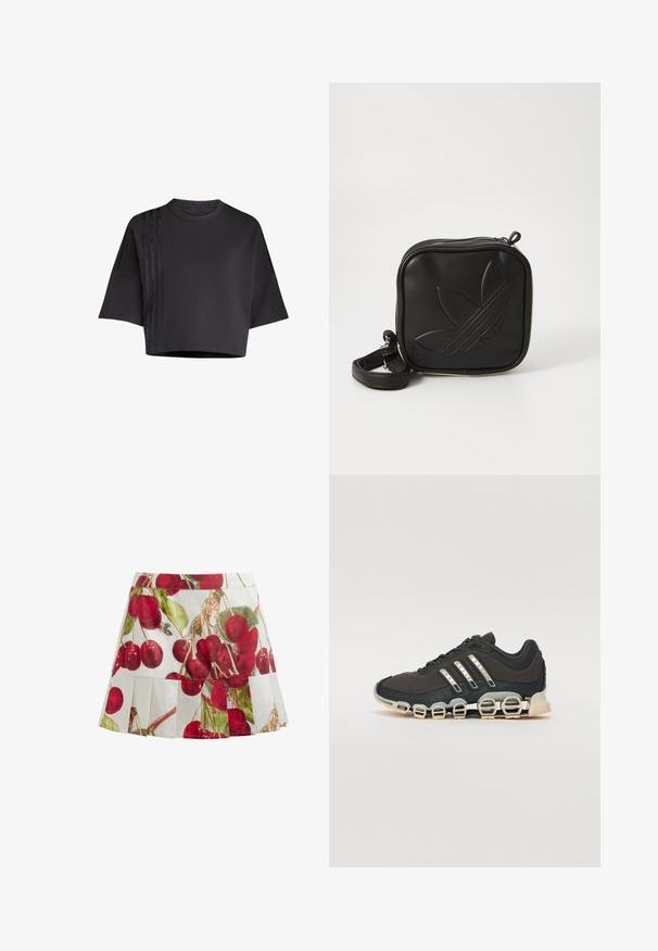 Černé zkrácené tričko s kulatým výstřihem, volnými krátkými rukávy, s vertikálními saténovými pruhy na levé straně. Hladká textura.; Bílá plisovaná sukně s živým potiskem třešní v červené a zelené barvě. Tkanina se zdá být lehká s hladkým povrchem.; Černá atletická bota s texturovaným svrškem, třemi stříbrnými pruhy a výraznou odpruženou podrážkou se spoustou integrovaných sekcí.; Černá crossbody taška vyrobená z texturovaného syntetického materiálu. Obsahuje embosované logo a nastavitelné popruhy. Zapínání na zip.