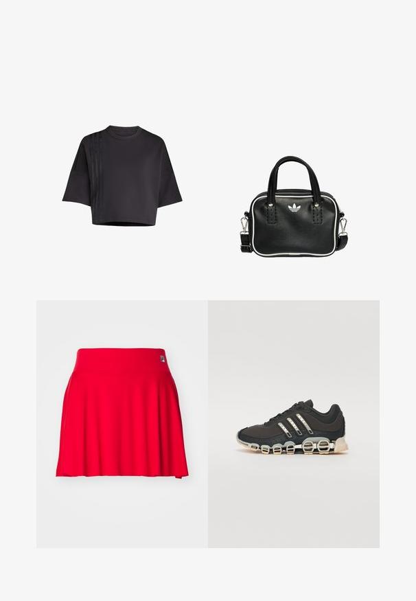 Camiseta negra corta con cuello redondo, mangas cortas sueltas, que presenta acentos de rayas de satén verticales en el lado izquierdo. Textura suave.; Falda roja hasta la rodilla hecha de un tejido elástico con una textura suave. Presenta una cinturilla ancha y un diseño acampanado. Logo de la marca en la cinturilla.; Zapatilla deportiva negra con parte superior texturizada, tres rayas plateadas y una suela de amortiguación distintiva que presenta múltiples secciones integradas.; Bolso de mano de cuero negro con dos asas cortas, herrajes plateados, detalles en blanco y un logotipo blanco. Presenta una superficie texturada y un diseño compacto.