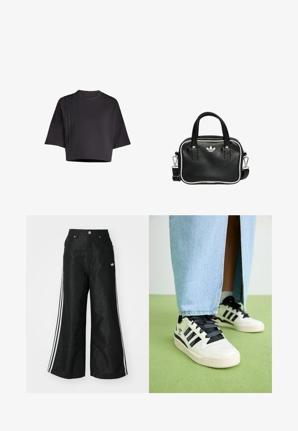 Musta lyhythihainen cropped-t-paita, jossa on pyöreä kaula-aukko ja löysät lyhyet hihat. Vasemmalla puolella on pystysuoria satiinijuovia. Pintarakennetta on sileä.; Mustat leveät farkut kolmella valkoisella raidalla jokaisella sivulla ja pienellä valkoisella logolla. Ominaisuuksiin kuuluvat etutaskut ja napitus.; Valkoiset nahkaiset tennarit mustilla yksityiskohdilla ja nauhoilla. Varustettu kolmella mustalla raidalla, rei'itetyllä kärjellä ja teksturoidulla kumipohjalla.; Musta nahkainen käsilaukku, jossa on kaksi lyhyttä kahvaa, hopeiset yksityiskohdat, valkoiset tehosteet ja valkoinen logo. Sisältää teksturoidun pinnan ja kompaktin muotoilun.