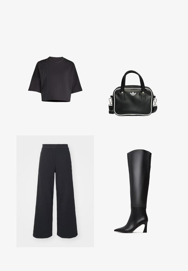 Svart kortärmad t-shirt med rund nacke, lösa korta ärmar, som har vertikala satinstreifen på vänster sida. Slät textur.; Svarta vida sweatpants tillverkade av mjukt tyg, med ett elastiskt midjeband och en liten logotyp på vänster sida.; Svarta läderstövlar som går upp till knäna med spetsig tå, rak skaft och avsmalnande hög klack. Slät yta med minimal detaljering.; Svart läderhandväska med två korta handtag, silverfärgade detaljer, vita accenter och en vit logotyp. Har en texturerad yta och en kompakt design.