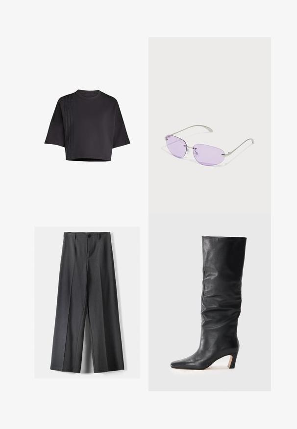 Czarny, krótki t-shirt z okrągłym dekoltem, luźnymi krótkimi rękawami, z pionowymi satynowymi paskami po lewej stronie. Gładka tekstura.; Spodnie o szerokich nogawkach w ciemnoszarym kolorze, z zapięciem na guzik, plisami z przodu i szlufkami na pasek. Gładka faktura z dopasowanym krojem.; Czarne skórzane botki do kostki na obcasie z lekko opadającą cholewką i spiczastym noskiem na jasnym tle.; Okulary przeciwsłoneczne z owalnymi purpurowymi szkłami, metalową ramką i cienkimi zausznikami. Przezroczyste poduszki nosowe i subtelne logo na zauszniku.