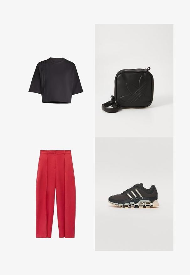 Black cropped t-shirt with a round neck, loose short sleeves, featuring vertical satin stripe accents on the left side. Smooth texture.; Red high-waisted trousers with pleats, made of smooth fabric, featuring a wide-leg cut and side pockets for added functionality.; Black athletic shoe with a textured upper, three silver stripes, and a distinctive cushioning sole featuring multiple integrated sections.; Black square crossbody bag made of textured synthetic material. Features an embossed logo design and adjustable strap. Zipper closure.