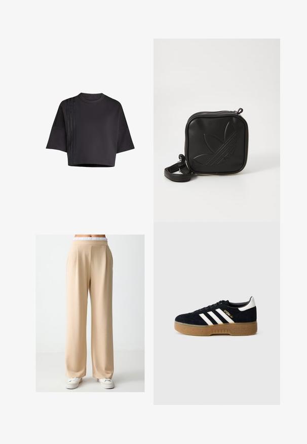 Zwarte cropped t-shirt met een ronde hals, losse korte mouwen, met verticale satijnen streepaccenten aan de linkerkant. Gladde textuur.; Beige, wijde broekspijpen gemaakt van gladde stof met een relaxte pasvorm. Kenmerken zijn een zachte, elastische tailleband en subtiele plooien aan de voorkant.; Zwarte suède sneaker met witte drie strepen en gouden merktekens. Gele zool met gestructureerde grip. Klassiek laag model, afgeronde neus.; Zwarte vierkante crossbody tas van gestructureerd synthetisch materiaal. Met een reliëflogo ontwerp en een verstelbare schouderband. Ritssluiting.
