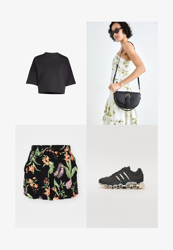 Sort cropped t-shirt med rund hals, løse korte ærmer, der har lodrette satinstriber på venstre side. Glat tekstur.; Sorte shorts med et farverigt blomsterdesign med orange og grønne elementer, elastisk talje med snor og sidelommer.; Sort træningssko med en tekstureret overdel, tre sølvstriber og en karakteristisk støttende sål med flere integrerede sektioner.; Sort læderhåndtaske med en buet form, aftagelig rem og guldfinish. Tasken har en klap med en spænde detalje.