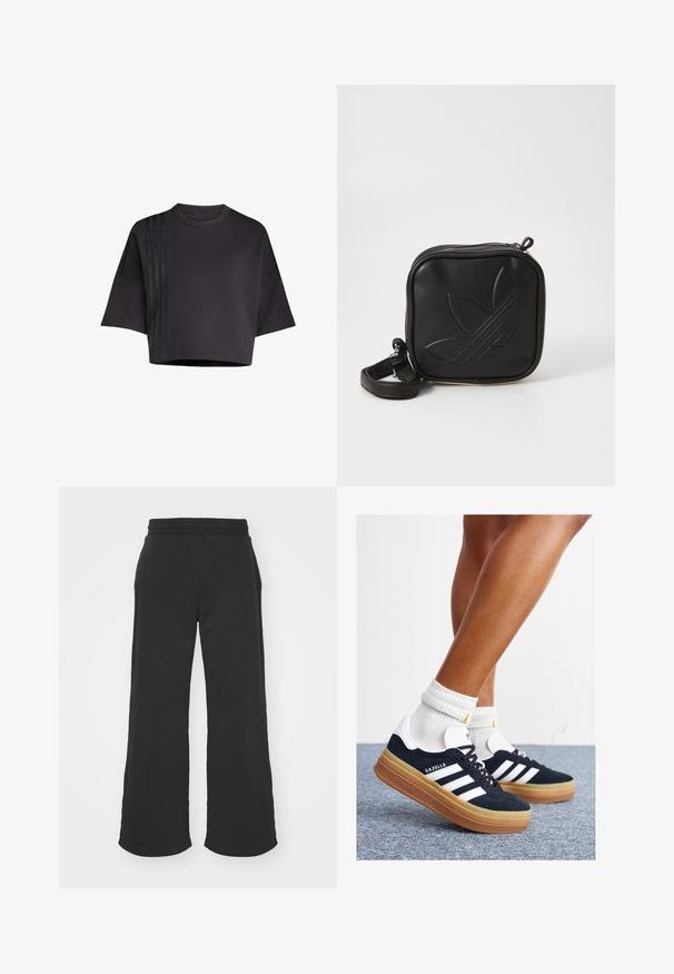 Camiseta negra corta con cuello redondo, mangas cortas sueltas, que presenta acentos de rayas de satén verticales en el lado izquierdo. Textura suave.; Pantalones de chándal anchos y negros con cintura elástica. Tejido suave, corte recto, sin bolsillos visibles ni estampados, textura lisa.; Zapatillas deportivas de gamuza negra con rayas y detalles blancos, puntera redondeada, suela de goma color caramelo, combinadas con calcetines blancos acanalados a la altura del tobillo.; Bolso cruzado negro hecho de material sintético texturizado. Presenta un diseño de logo en relieve y correa ajustable. Cierre con cremallera.