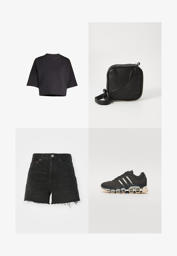 Musta lyhythihainen cropped-t-paita, jossa on pyöreä kaula-aukko ja löysät lyhyet hihat. Vasemmalla puolella on pystysuoria satiinijuovia. Pintarakennetta on sileä.; Mustat denimpikkushortsit korkealla vyötäröllä, purjerenkailla ja kuparinvärisillä niiteillä. Sisältää klassisen viiden taskun muotoilun ja nappisulun.; Musta urheilujalkine, jossa on teksturoitu päällinen, kolme hopeista raitaa ja erottuva vaimennustuli, jonka rakenne koostuu useista integroituista osista.; Mustikka neliö muotoinen olkalaukku, joka on valmistettu teksturoidusta synteettisestä materiaalista. Varustettu kohotetulla logolla ja säädettävällä hihnalla. Vetoketjukiinnitys.