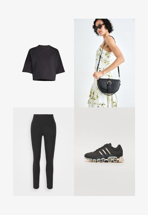 Čierne skrátené tričko s okrúhlym výstrihom a voľnými krátkymi rukávmi, so vertikálnymi saténovými pásikmi na ľavej strane. Hladká textúra.; Čierne elastické legíny s vysokým pásom, rebrovanou textúrou a priliehavým strihom. Žiadne viditeľné vzory ani kovové detaily.; Čierna športová obuv s textúrovaným zvrškom, tromi striebornými pruhmi a charakteristickou podošvou s viacerými integrovanými sekciami.; Čierna kožená kabelka s zaobleným tvarom, odnímateľným popruhom a zlatými doplnkami. Kabelka má klopu s detailom s prackou.