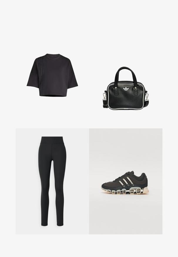 Schwarzes, cropped T-Shirt mit Rundhalsausschnitt und lockeren kurzen Ärmeln, das vertikale Satinstreifenakzente auf der linken Seite aufweist. Glatte Textur.; Schwarze Leggings aus einem dehnbaren Material mit einem hohen Bund, featuring eine glatte Textur und keine sichtbaren Muster oder Akzente.; Schwarzer Sportschuh mit einer strukturierten Oberseite, drei silbernen Streifen und einer markanten Dämpfungssohle mit mehreren integrierten Sektionen.; Schwarze Lederhandtasche mit zwei kurzen Griffen, silbernem Zubehör, weißen Akzenten und einem weißen Logo. Verfügt über eine strukturierte Oberfläche und ein kompaktes Design.