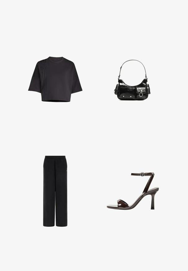Schwarzes, cropped T-Shirt mit Rundhalsausschnitt und lockeren kurzen Ärmeln, das vertikale Satinstreifenakzente auf der linken Seite aufweist. Glatte Textur.; Schwarze weite Hosen aus weichem Stoff mit einem elastischen Bund. Verfügt über ein kleines Logo-Akzent auf der linken Seite. Glatte Textur und taillierte Form.; Braune Lackleder-High-Heelsandale mit einem Knöchelriemen, offener Zehenpartie und einem schlanken, minimalistischen Design. Verfügt über einen quadratischen Absatz.; Schwarze Lackleder-Handtasche mit geschwungenem Design, einem Schulterriemen, Vordertaschen und silberfarbenen Hardware-Akzenten.