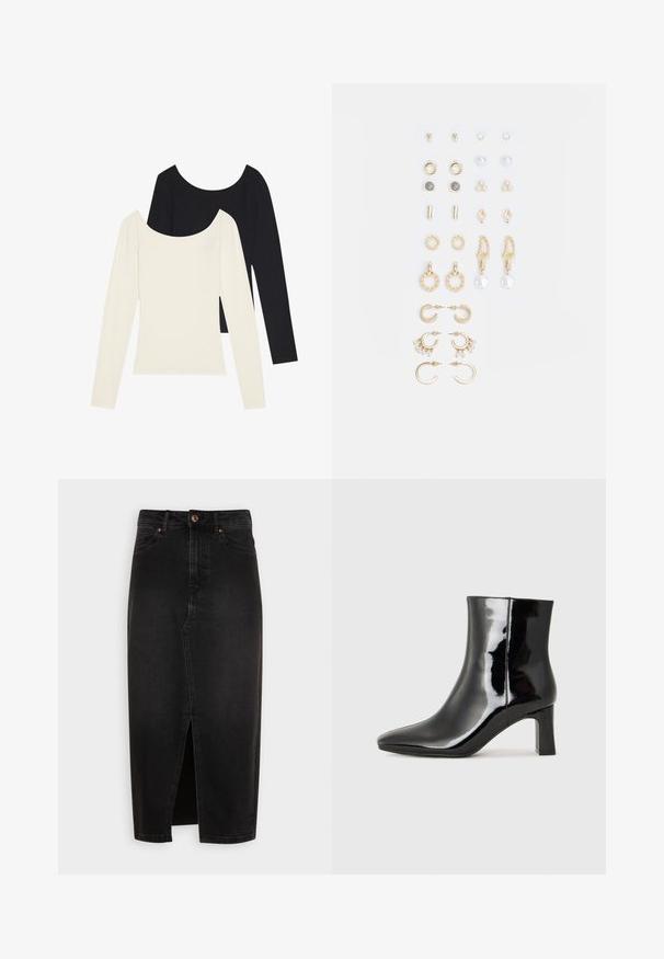 Două bluze cu mânecă lungă, una albă și una neagră, având o textură cord și un decolteu larg, așezate plat cu mânecile întinse.; Fustă din denim negru, de lungime până la genunchi, cu o deschidere frontală, talie standard și accesorii din metal de ton cupru. Textură netedă, design clasic.; Botine negre din piele lacuită, cu vârful ascuțit și toc bloc de înălțime medie. Textură netedă și design minimalist.; Set de cercei aurii, cu diverse designuri, inclusiv cercei tip stud, cercei hoop și cercei lungi cu perle și strassuri.