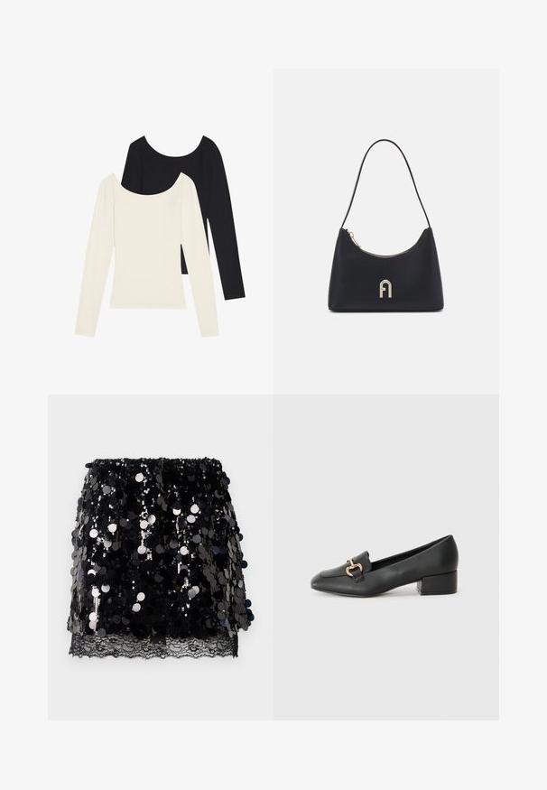 To langermede topper, en hvit og en svart, som har ribbestruktur og vid halsutskjæring, lagt flatt med ermene utstrakt.; Svart mini skjørt med store blanke paljetter lagdelt over delikat svart blondekant i kanten, liggende flatt på hvit bakgrunn.; Sorte skinnloafers med flat hæl, med dekorativ detalj i gull foran og en jevn tekstur.; Svart skulderveske laget av glatt materiale, med en buet form, gullglidelås og en gullstøpt logo foran.