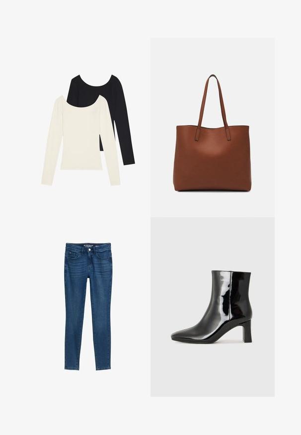 Dva majice dugih rukava, jedna bijela i jedna crna, s rebrastom teksturom i širokim izrezom, položene ravno s raširenim rukavima.; Tamne traperice u tamnoplavoj boji s uskim krojem. Imaju klasičan dizajn s pet džepova, zatvaranje na gumb i detalje šivanja. Glatka tekstura.; Crne lakirane kožne gležnjače s šiljastim prstom i srednje visokom blok petom. Glatka tekstura i minimalistički dizajn.; Smeđa kožna torba preko ramena s glatkom teksturom, otvorenim vrhom i dvjema naramenicama. Ima minimalne šavove i nema vidljivog hardvera.