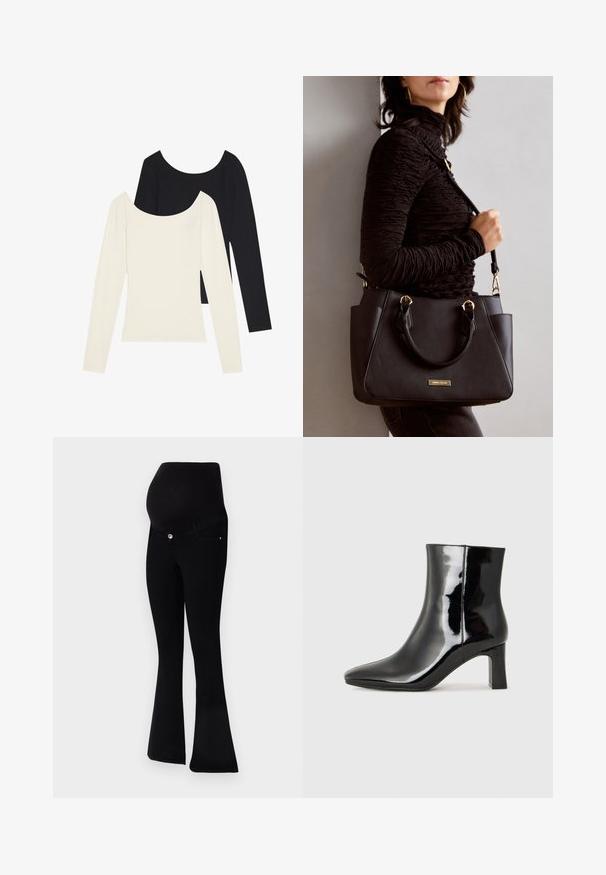 Dva majice dugih rukava, jedna bijela i jedna crna, s rebrastom teksturom i širokim izrezom, položene ravno s raširenim rukavima.; Crne trudničke traperice s dizajnom širokih nogavica, mekim materijalom, visokim pojasom za podršku i prednjim kopčanjem na dugme.; Crne lakirane kožne gležnjače s šiljastim prstom i srednje visokom blok petom. Glatka tekstura i minimalistički dizajn.; Crna torba s teksturiranom površinom, dvostrukim gornjim ručkama i podesivom remenom za rame. Ima zlatne metalne detalje i bočne džepove.