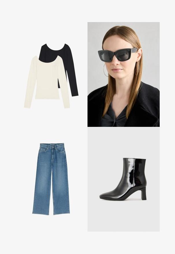 Dve majice z dolgimi rokavi, ena bela in ena črna, z rebrovnim vzorcem in širokim dekoltejem, razporejene na plosko z raztegnjenimi rokavi.; Svetlo modri široki jeans hlače iz jeansa z visokim pasom, petimi žepi in vidnim šivom; tkanina ima rahlo teksturiran videz.; Črne lakirane gležnjarje z ošiljenim nosom in srednje visokim blokastim peto. Gladka tekstura in minimalističen dizajn.; Črne mačje očala s temnimi lečami, debelimi okvirji in subtilnimi detajli. Oblečena z črnim plaščem in sivim zgornjim delom, z dolgimi ravnimi lasmi.