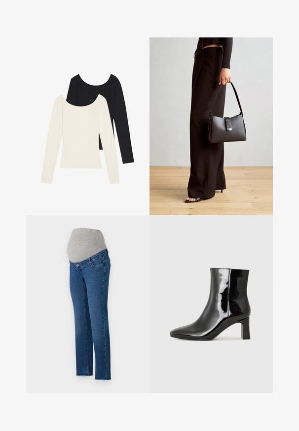 Dve majice z dolgimi rokavi, ena bela in ena črna, z rebrovnim vzorcem in širokim dekoltejem, razporejene na plosko z raztegnjenimi rokavi.; Hlače za nosečnice z raztegljivim sivim pasom in svetlo modrim денимом, naravnim krojem in načrtovanimi frayed robovi.; Črne lakirane gležnjarje z ošiljenim nosom in srednje visokim blokastim peto. Gladka tekstura in minimalističen dizajn.; Črna torbica z strukturirano obliko, gladko teksturo in kovinskim zaponko. Ujemajo se z širokimi črnimi hlačami in odprtimi sandali na lesenem tleh.