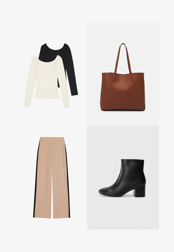 Two long-sleeve tops, one white and one black, featuring a ribbed texture and a wide neckline, laid flat with sleeves extended.; Beige wide-leg pants with a smooth texture, featuring black side stripes. The waistband is elastic for comfort and easy wear.; Black leather ankle boots with a pointed toe and a chunky heel. Smooth texture with minimal accents and a sleek, fitted design.; Brown leather tote bag with a smooth texture, open top design, and two shoulder straps. Features minimal stitching and no visible hardware.