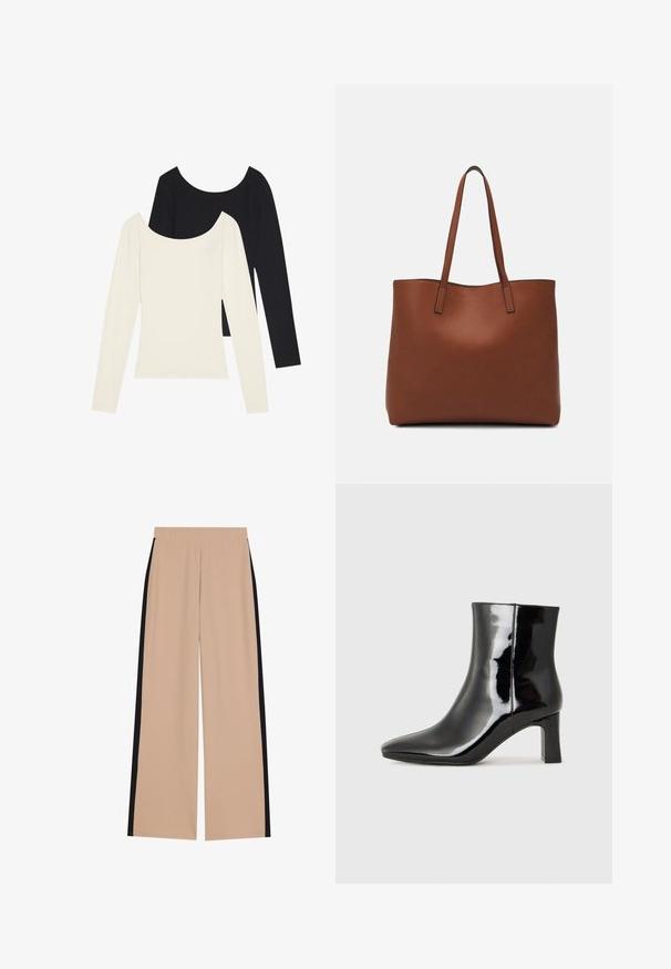 Twee langmouwen tops, één wit en één zwart, met een ribbeltextuur en een brede ronde hals, plat gelegd met uitgestrekte mouwen.; Beige wijde broek met een soepele textuur, voorzien van zwarte zijkanten. De tailleband is elastisch voor comfort en gemakkelijke draagbaarheid.; Zwarte gepolijste leren enkellaars met een spitse neus en een blokhak van gemiddelde hoogte. Glad textuur en minimalistisch ontwerp.; Bruine leren tote bag met een gladde textuur, een ontwerp met een open bovenkant en twee schouderbanden. Kenmerkt zich door minimale stiksels en geen zichtbare hardware.