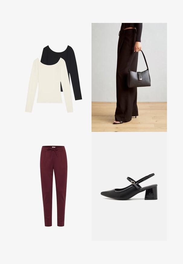 Duetos ilgomis rankovėmis, vienas baltas, o kitas juodas, su reljefine tekstūra ir plačiu apykaklės iškirpimu, ištiesti ant plokščio paviršiaus su ištiestomis rankovėmis.; Vyno raudonos kelnės, pagamintos iš minkštos, elastingos medžiagos, su raišteliu liemenyje, priekinėmis klostėmis ir siaurėjančiomis kojomis. Visoje kelnėse yra glotni tekstūra.; Juodi patentinio odos slingback aukštakulniai su smailiu pirštu, apvaliu išpjovimu ir blokiniu kulnu. Papuošti auksiniu juostos akcentu.; Juodas rankinė struktūrizuota forma, lygi tekstūra ir metalinis užsegimas. Suporuota su plačiomis juodomis kelnėmis ir atvirais bateliais ant medinių grindų.