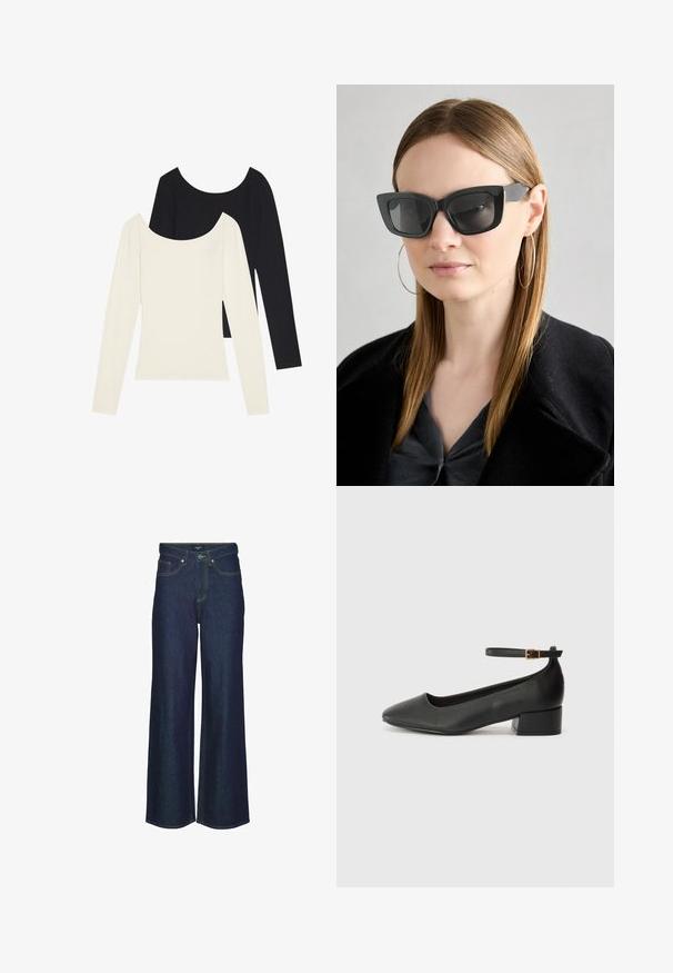 Twee langmouwen tops, één wit en één zwart, met een ribbeltextuur en een brede ronde hals, plat gelegd met uitgestrekte mouwen.; Donkerdenim wijdvallende jeans met een hoge taille, voorzien van stikselaccenten, riemlussen en zijzakken. Gladde textuur, klassiek ontwerp.; Zwarte leren pump met een spitse neus en een lage blokhak. Beschikt over een enkelband met een goudkleurige gespsluiting. Gladde textuur.; Zwarte cat-eye zonnebril met donkere lenzen, dikke monturen en subtiele accenten. Draagt een zwarte jas en een grijze top, met lang stijl haar.