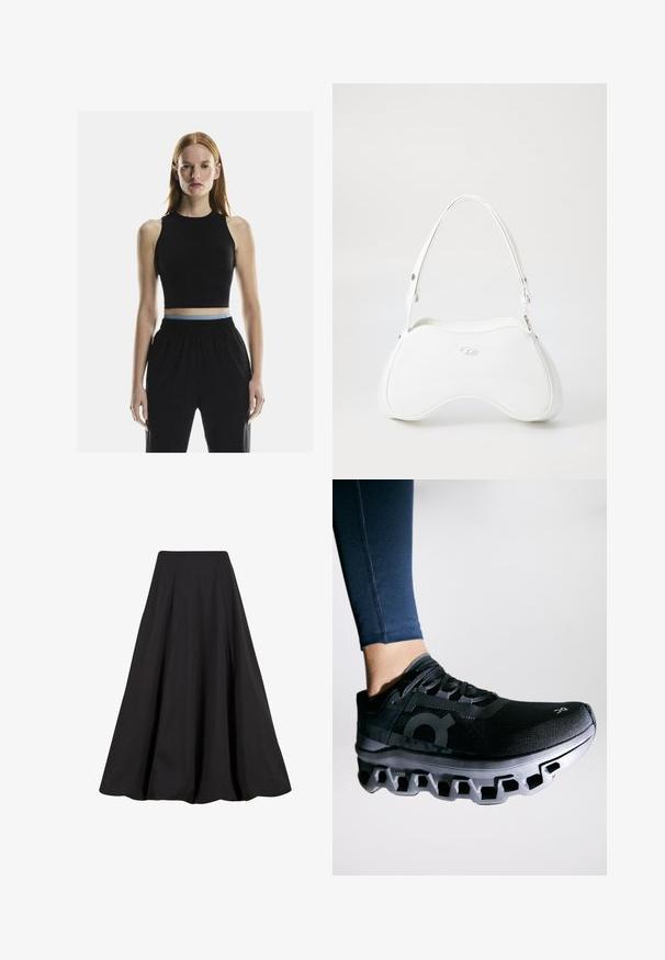 Un crop top noir sans manches avec un col montant, doté d'une ceinture contrastante bleu clair, associé à un pantalon noir ample.; Jupe longue noire en tissu lisse, présentant des plis et une taille haute. Le design offre une silhouette fluide et un volume ample.; Baskets de course noires avec une tige texturée et une semelle intermédiaire distinctive présentant un design segmenté unique. Accentué par un logo sur le côté.; Sac à main blanc avec une surface lisse et brillante, forme courbée et une seule bandoulière ajustable. Il présente un logo embossé à l'avant.