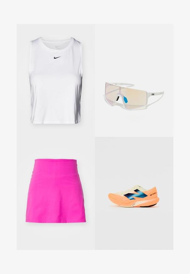 White sleeveless athletic top made of smooth fabric, featuring a round neckline and a small black Nike logo on the chest.; Girlfriend Collective THE SKORT - Sports skirt - ultraviolet; Running shoe with a lightweight cream upper, blue branding, and orange accents on the sole. Mesh texture for breathability.; White-framed sunglasses with large, gradient lenses featuring a pink to light orange tint, accentuated by a blue nose piece and logo detail.