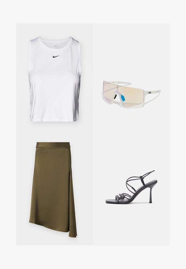 Top atlético branco sem mangas, feito de tecido suave, com decote redondo e um pequeno logotipo preto da Nike no peito.; Saia verde oliva feita de um tecido liso e leve; apresenta uma bainha assimétrica e uma fenda lateral para proporcionar movimento e estilo.; As sandálias de salto alto pretas apresentam tiras finas com um design em nó, uma biqueira quadrada lisa e um elegante salto agulha.; Óculos de sol com armação branca e grandes lentes degradê, apresentando um tom que vai do rosa ao laranja claro, realçados por um apoio nasal azul e detalhe do logótipo.