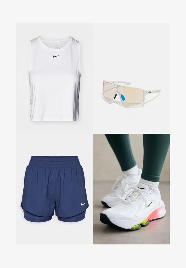 Biała bezrękawnikowa koszulka sportowa z gładkiego materiału, z okrągłym dekoltem i małym czarnym logo Nike na piersi.; Granatowe sportowe szorty z podwójnej warstwy z elastycznym pasem i białym logo Nike na przedniej prawej stronie.; Nike Performance VERSAIR biały; Białe okulary przeciwsłoneczne w dużej oprawie, z gradientowymi soczewkami w odcieniu różowym do jasnopomarańczowym, podkreślonymi niebieskim noskiem i detalem z logo.