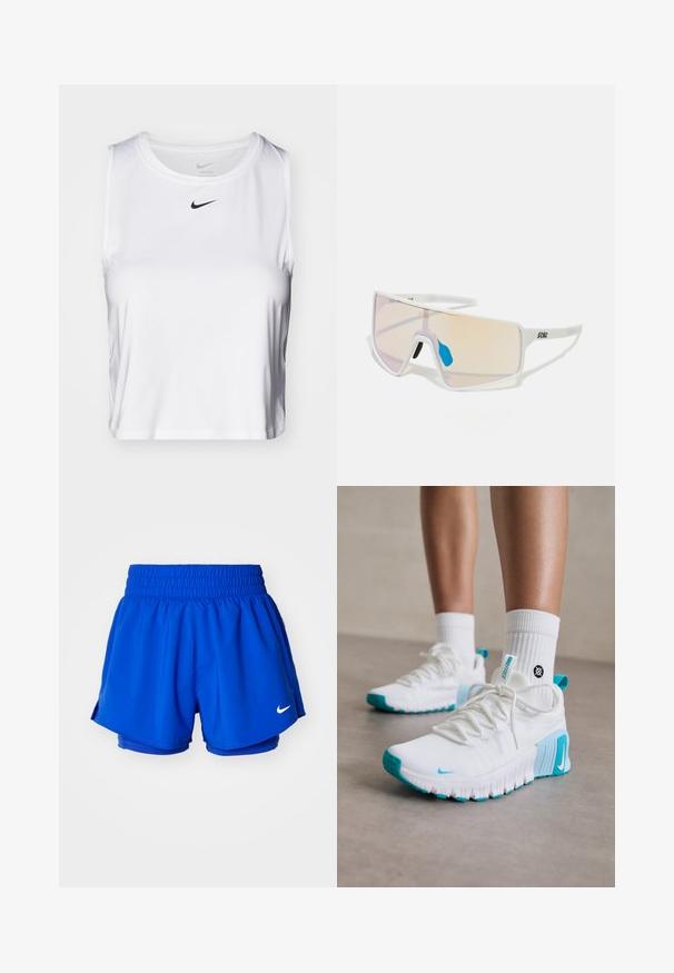 Top deportivo sin mangas blanco, hecho de una tela suave, con un escote redondo y un pequeño logo negro de Nike en el pecho.; Pantalones cortos deportivos azules con cintura elástica, forro interior y aberturas laterales para mayor movilidad. Un pequeño logo blanco es visible en el lado inferior.; Zapatillas deportivas blancas con acentos turquesa, parte superior texturizada, suela flexible y cordones. Llevadas con calcetines blancos cortos.; Gafas de sol con marco blanco y lentes grandes en degradado que presentan un tinte de rosa a naranja claro, acentuadas con una pieza nasal azul y un detalle del logo.