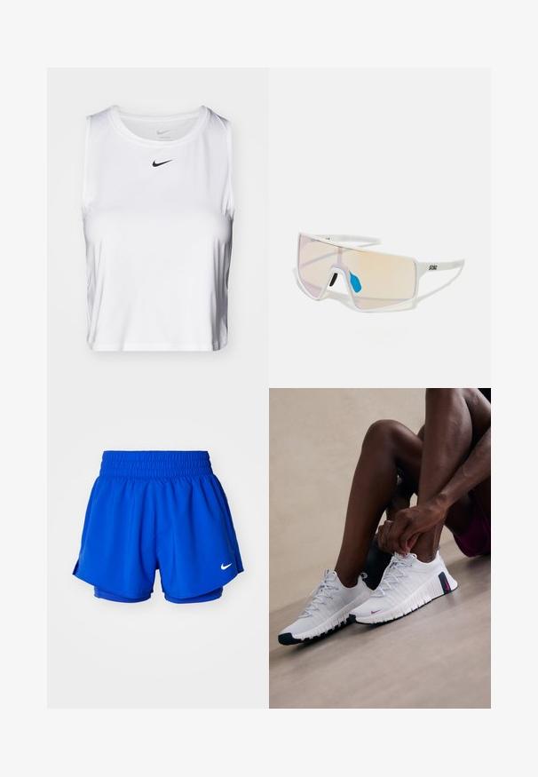 Top deportivo sin mangas blanco, hecho de una tela suave, con un escote redondo y un pequeño logo negro de Nike en el pecho.; Pantalones cortos deportivos azules con cintura elástica, forro interior y aberturas laterales para mayor movilidad. Un pequeño logo blanco es visible en el lado inferior.; Zapatillas deportivas blancas con superficies texturizadas, toques de color rosa y suelas negras. Presentan un diseño de cordones y una suela acolchada para mayor comodidad.; Gafas de sol con marco blanco y lentes grandes en degradado que presentan un tinte de rosa a naranja claro, acentuadas con una pieza nasal azul y un detalle del logo.