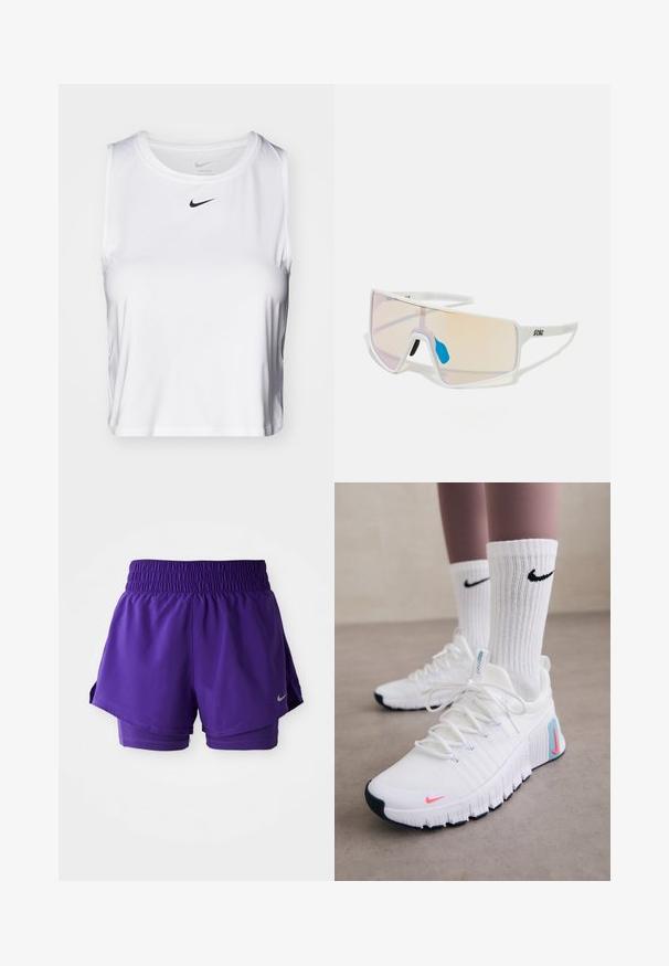 Fehér ujjatlan sporttop sima anyagból, kerek nyakkivágással és egy kicsi fekete Nike logóval a mellkason.; Lila, dupla rétegű futósort, rugalmas derékpánttal és kis ezüst Nike logóval az alsó bal szegélyen.; Nike Performance FREE METCON 6 - Edzőcipő - white/hot punch/denim turquoise/black/pure platinum; Fehér keretes napszemüveg nagy, színátmenetes lencsékkel, amelyek rózsaszín és világos narancssárga árnyalatúak. Kék orrdísszel és logóval kiemelve.