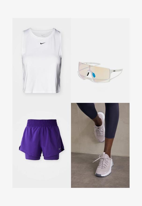 Bela brezrokavna atletska majica iz gladkega materiala, z okroglo ovratnico in majhnim črnim logotipom Nike na prsih.; Vijolične dvojnice za tek z elastičnim pasom in majhnim srebrnim Nike žigom na spodnjem levem robu.; Svetlo sivi športni čevlji z teksturiranim zgornjim delom, z vezalkami in belim podplatom, v kombinaciji s temnimi leggingi. Minimalističen dizajn in gladki detajli.; Sončne naočale s belim okviru in velikimi, gradientnimi lečami, ki prehajajo iz roza v svetlo oranžno, ter z modrim nosnim delom in logotipom.