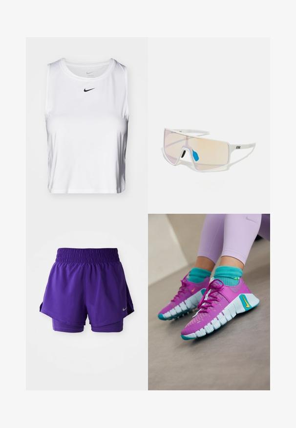 Hvid ærmeløs sports tanktop lavet af glat stof, med rund halsudskæring og et lille sort Nike logo på brystet.; Lilla dobbeltlag løbeshorts med elastisk talje og lille sølvfarvet Nike swoosh nederst til venstre.; Nike Performance Træningssko - hyper violet/laser orange/glacier blue/dusty cactus; Hvide ramme-solbriller med store, gradienslinser, der har en pink til lys orange tone, fremhævet af et blåt næsestykke og logo detajer.