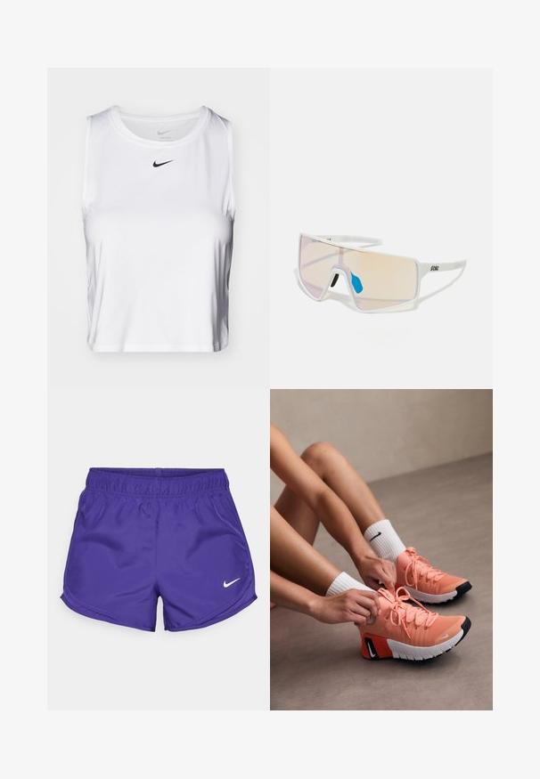 Witte mouwloze sporttop gemaakt van gladde stof, met een ronde halslijn en een klein zwart Nike-logo op de borst.; Paarse sportshorts van gladde stof, met een elastische tailleband en een wit Nike-logo aan de onderkant aan de rechterkant.; Lichte roze hardloopschoenen met een gestructureerde stof, opvallende veters en rubberen zolen. Afgewerkt met een contrasterend zwart-wit logo detail.; Witte, omrande zonnebril met grote, gradient glazen die een tint van roze naar lichtoranje hebben, aangevuld met een blauwe neussteun en logo-details.