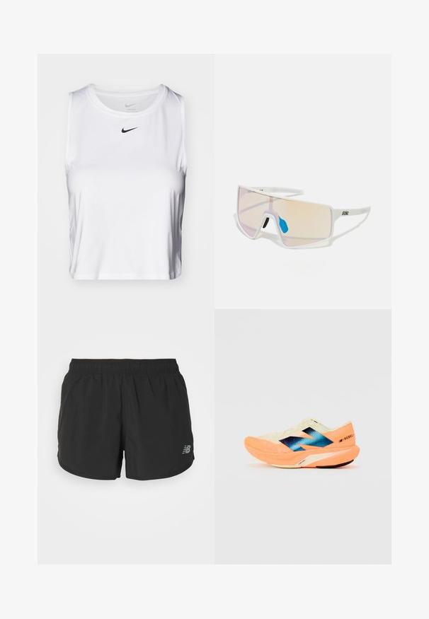 Witte mouwloze sporttop gemaakt van gladde stof, met een ronde halslijn en een klein zwart Nike-logo op de borst.; Zwarte sportshorts met een elastische tailleband, gemaakt van lichtgewicht stof. Heeft een klein grijs logo aan de rechteronderkant.; Hardloopschoen met een lichtgewicht crèmekleurige bovenkant, blauwe branding en oranje accenten op de zool. Mesh textuur voor ademend vermogen.; Witte, omrande zonnebril met grote, gradient glazen die een tint van roze naar lichtoranje hebben, aangevuld met een blauwe neussteun en logo-details.