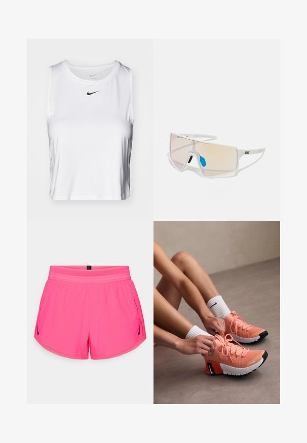 Valkoinen hihaton urheilu toppi, joka on valmistettu sileästä kankaasta. Topissa on pyöreä kaula-aukko ja pieni musta Nike-logo rinnassa.; Vaaleanpunaiset urheilushortsit hengittävästä vyötäröstä, joissa on sivutaskut ja pieni musta Nike-logo vasemmalla puolella. Silkkinen kangas.; Keve pinkki urheilukengät, joissa on teksturoitu kangas, erottuvat nauhat ja kumipohjat. Viimeistelyssä kontrastina musta-valkoinen logo.; Valkoiset kehykset aurinkolasit, joissa on suuret, gradienttilinssit, joissa on vaaleanpunainen ja vaalea oranssi sävy. Lasien yksityiskohtia korostaa sininen nenäosa ja logo.