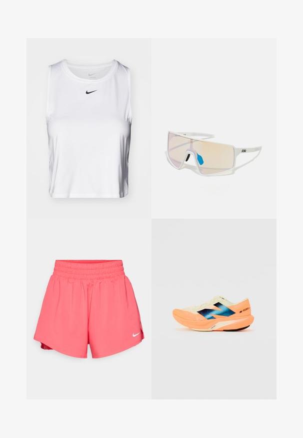 Valge ilma varrukateta sportlik topp, mis on valmistatud siledast kangast, ringikujulise kaelusega ning rinnal on väike must Nike logo.; Nike Performance ONE - Lühikesed kaks-ühes jooksupüksid - aster pink/silver; Kergjalats kergest kreemjas ülemisest osast, sinise brändingu ja oranžide aktsentidega taldadel. Võrgumaterjal tagab hingavuse.; Valged raamidega päikeseprillid, millel on suured gradiendiklaasid roosa kuni heleda oranži tooniga, mida rõhutab sinine ninatükk ja logo detail.