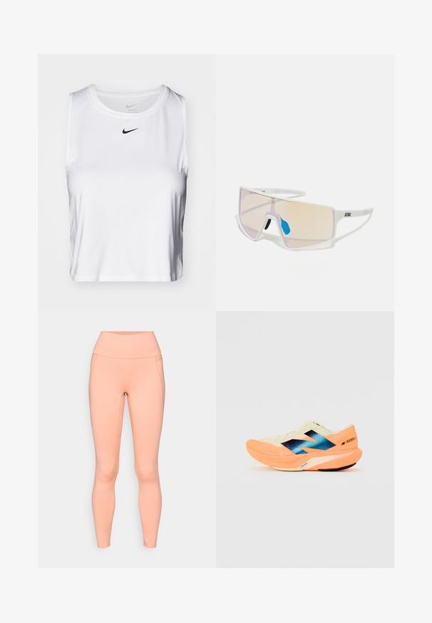 Weißes ärmelloses Sportoberteil aus glattem Stoff, mit Rundhalsausschnitt und kleinem schwarzen Nike-Logo auf der Brust.; Pfirsichfarbene Leggings aus elastischem Material, mit einem hohen Bund, glatter Textur und nahtlosem Design ohne sichtbare Taschen.; Laufschuh mit einem leichten cremefarbenen Obermaterial, blauer Markenkennung und orangefarbenen Akzenten an der Sohle. Mesh-Struktur für Atmungsaktivität.; Weiß gerahmte Sonnenbrillen mit großen, verlaufenden Gläsern, die von einem rosa bis hellorange Farbverlauf reichen, akzentuiert durch ein blaues Nasenstück und ein Logo-Detail.