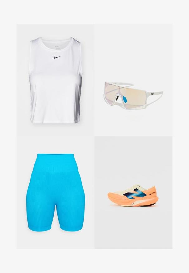 Top atlético branco sem mangas, feito de tecido suave, com decote redondo e um pequeno logotipo preto da Nike no peito.; Calções de cintura alta com nervuras em azul brilhante, com um design justo e uma textura suave. Comprimento curto, com uma cintura elástica confortável.; Sapatilha de corrida com um cabedal leve em creme, marcação azul e detalhes laranja na sola. Textura em malha para maior respirabilidade.; Óculos de sol com armação branca e grandes lentes degradê, apresentando um tom que vai do rosa ao laranja claro, realçados por um apoio nasal azul e detalhe do logótipo.
