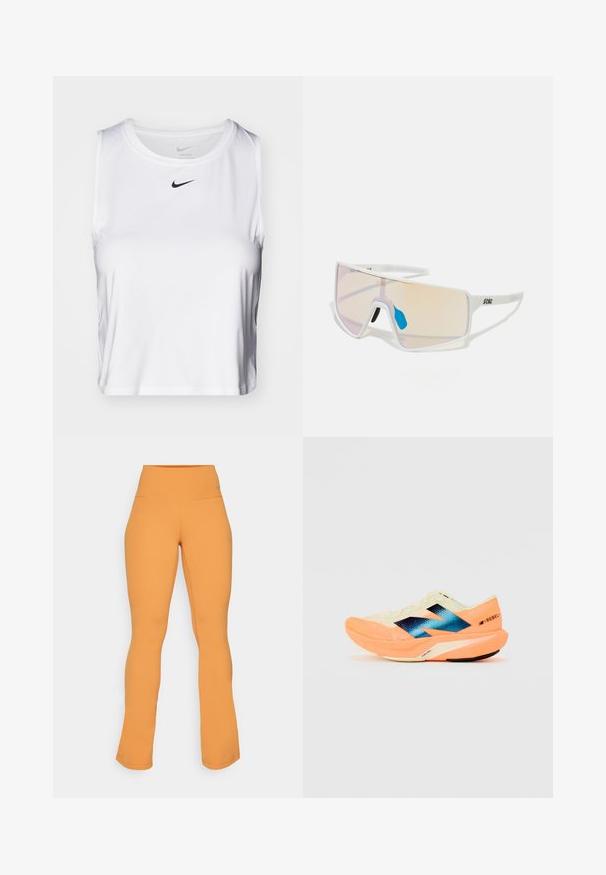 Balta be rankovių sportinė maikutė, pagaminta iš lygaus audinio, su apvaliu kaklu ir mažu juodu Nike logotipu krūtinės srityje.; Oranžinės platėjančios leggingai su aukštu juosmeniu, pagamintos iš tamprios medžiagos. Turi lygią tekstūrą ir subtilų prekės ženklą ant juosmens.; Bėgimo bateliai su lengvu kreminiu viršumi, mėlynu ženklinimu ir oranžiniais akcentais ant pado. Tinklelis, užtikrinantis kvėpavimą.; Baltos rėmeliais akiniai nuo saulės su dideliais gradientiniais lęšiais, turinčiais rožinį ir šviesiai oranžinį atspalvį, pabrėžti mėlynos spalvos nosies dalimi ir logotipo detale.