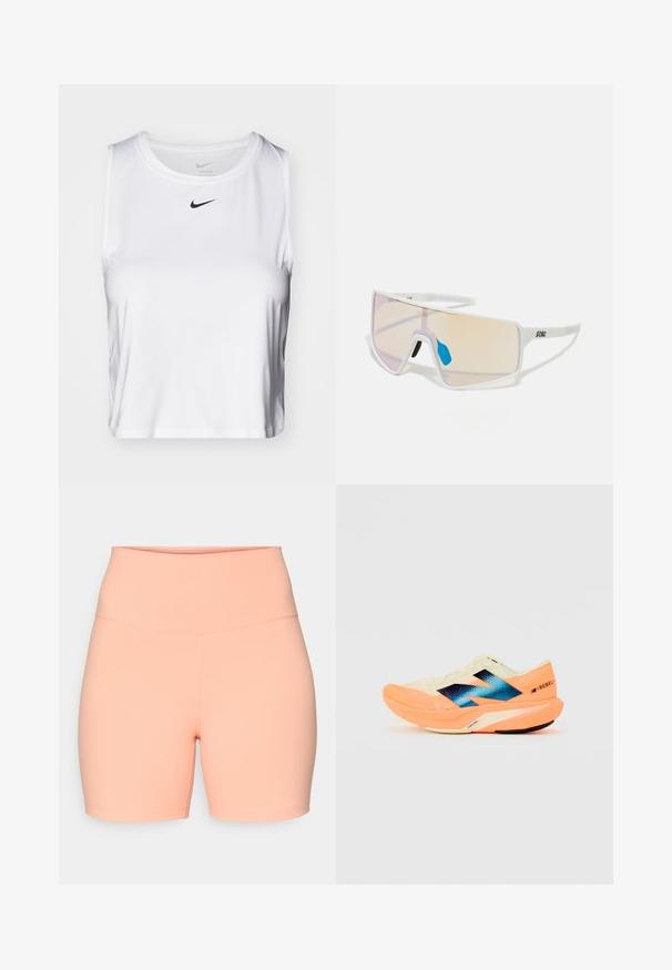 Top athletic alb fără mâneci, realizat dintr-un material neted, cu un decolteu rotund și un mic logo Nike negru pe piept.; Şorturi de culoare piersică, elastice, cu talie înaltă. Textură netedă, lungime până la genunchi, fără modele sau accesorii vizibile.; Adidași de alergare cu un material superior ușor de crem, cu branding albastru și accente portocalii pe talpă. Textură din plasă pentru respirabilitate.; Ochelari de soare cu ramă albă, având lentile mari, cu gradient, ce trec de la roz la portocaliu deschis, accentuați de o piesă nazală albastră și detalii cu logo.