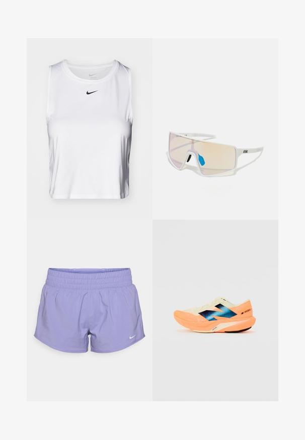 Hvit ærmeløs treningstopp laget av glatt stoff, med rund halslinning og en liten svart Nike-logo på brystet.; Lilla treningsshorts med elastisk midje, laget av lett stoff, med en liten hvit Nike-logo foran.; Løpesko med en lett kremfarget overdel, blå merkevare og oransje detaljer på sålen. Nettverksstruktur for pusteevne.; Hvitinnrammede solbriller med store gradientlinser som har en rosa til lys oransje nyanse, aksentuert av en blå nesebro og logodetalj.