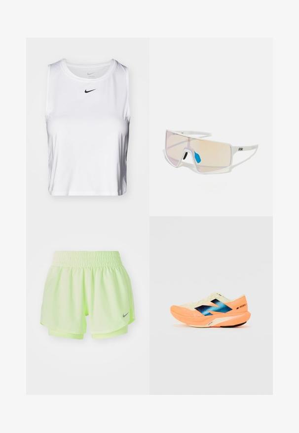 White sleeveless athletic top made of smooth fabric, featuring a round neckline and a small black Nike logo on the chest.; Neon green athletic shorts with a smocked waistband, lightweight fabric, and a small gray Nike logo on the front right side.; Running shoe with a lightweight cream upper, blue branding, and orange accents on the sole. Mesh texture for breathability.; White-framed sunglasses with large, gradient lenses featuring a pink to light orange tint, accentuated by a blue nose piece and logo detail.