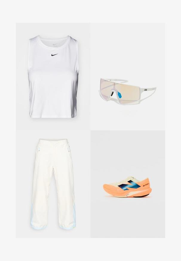 White sleeveless athletic top made of smooth fabric, featuring a round neckline and a small black Nike logo on the chest.; Light beige wide-leg pants with a smooth texture, featuring blue accents at the cuffs and side zip pockets. Lightweight fabric.; Running shoe with a lightweight cream upper, blue branding, and orange accents on the sole. Mesh texture for breathability.; White-framed sunglasses with large, gradient lenses featuring a pink to light orange tint, accentuated by a blue nose piece and logo detail.