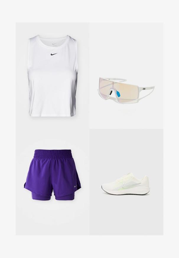 Haut de sport sans manches blanc en tissu lisse, avec un col rond et un petit logo Nike noir sur la poitrine.; Shorts de course à double couche violets avec une taille élastique et un petit logo Nike en argent en bas à gauche.; Nike Performance DOWNSHIFTER 13 - Chaussures de running sur route - sail/silver-coloured photon dust/summit white/barely volt/black; Lunettes de soleil avec monture blanche et grandes verres dégradés, présentant une teinte allant de rose à orange clair, rehaussées d'une pièce de nez bleue et d'un détail de logo.