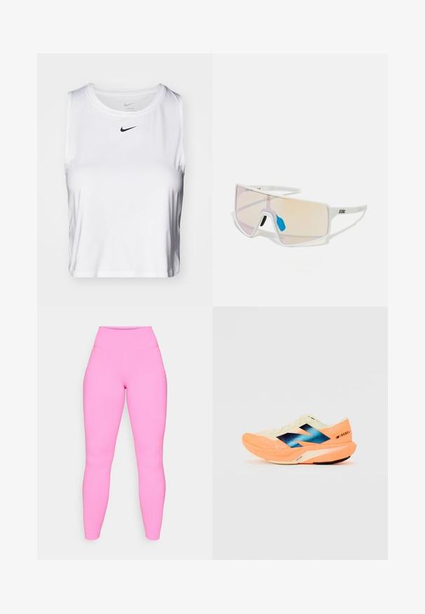 Bijela bezrukava atletska majica napravljena od glatkog materijala, s okruglim izrezom i malim crnim Nike logom na prsima.; Ružičaste tajice s visokim strukom, izrađene od rastezljivog materijala. Imaju bočne džepove i glatku teksturu, koja seže do gležnjeva.; Trkaća cipela s laganim krem gornjim dijelom, plavim oznakama i narančastim detaljima na potplatu. Mrežasti tekstur za prozračnost.; Sunglasses s bijelim okvirom i velikim lećama sa gradijentom u nijansama ružičaste do svijetlo narančaste, naglašene plavim dijelom za nos i detaljem loga.