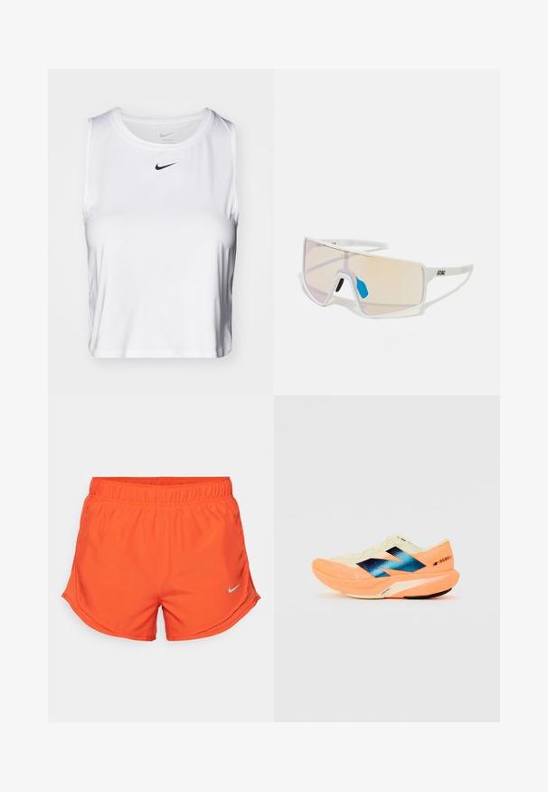 Hvit ærmeløs treningstopp laget av glatt stoff, med rund halslinning og en liten svart Nike-logo på brystet.; Oransje treningsshorts laget av lett materiale, med elastisk midje og en liten reflekterende Nike-logo nederst til venstre.; Løpesko med en lett kremfarget overdel, blå merkevare og oransje detaljer på sålen. Nettverksstruktur for pusteevne.; Hvitinnrammede solbriller med store gradientlinser som har en rosa til lys oransje nyanse, aksentuert av en blå nesebro og logodetalj.
