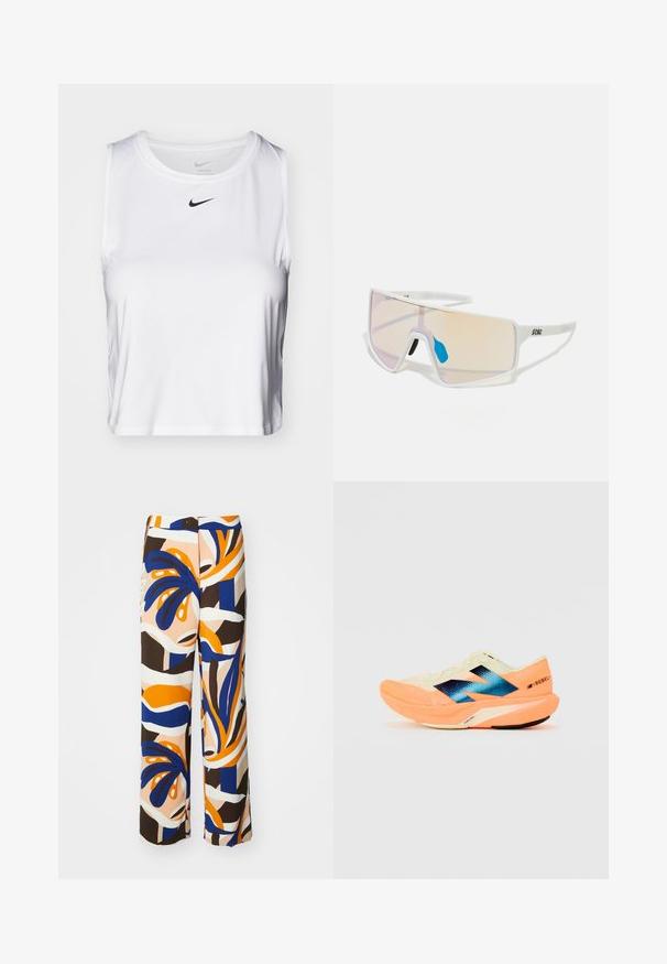Valkoinen hihaton urheilu toppi, joka on valmistettu sileästä kankaasta. Topissa on pyöreä kaula-aukko ja pieni musta Nike-logo rinnassa.; Löysät lahkeet monivärisessä kuosissa, jossa on sinisiä, oransseja ja ruskeita sävyjä. Valmistettu kevyestä kankaasta, jossa on abstrakteja kukkakuoseja.; Juoksukengät, joissa on kevyt kerma värinen päällinen, sininen brändäys ja oranssit yksityiskohdat pohjassa. Verkkotekstuuri hengittävyyttä varten.; Valkoiset kehykset aurinkolasit, joissa on suuret, gradienttilinssit, joissa on vaaleanpunainen ja vaalea oranssi sävy. Lasien yksityiskohtia korostaa sininen nenäosa ja logo.