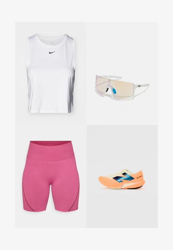 Top atletico senza maniche di colore bianco, realizzato in tessuto liscio, con scollo rotondo e un piccolo logo Nike nero sul petto.; Shorts sportivi rosa realizzati in tessuto elasticizzato, con una vita alta e una sottile trama a coste, caratterizzati da cuciture scure in contrasto sui lati.; Scarpa da corsa con una parte superiore leggera color crema, marchio blu e accenti arancioni sulla suola. Tessuto in rete per la traspirabilità.; Occhiali da sole con montatura bianca e grandi lenti sfumate che vanno dal rosa a un arancione chiaro, accentuati da un pezzo nasale blu e dettagli con logo.