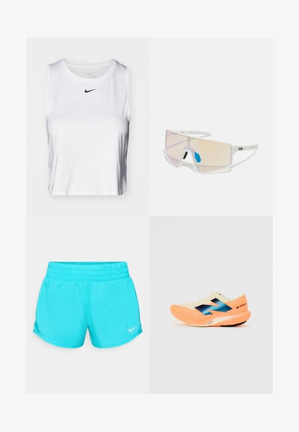 Balts bez piedurknēm sporta krekls, kas izgatavots no gludas auduma, ar apaļu kakla izgriezumu un mazu melnu Nike logo uz krūškurvja.; Tirkīza sporta šorti ar elastīgu jostasvītru un nelielu baltu Nike logo apakšējā labajā pusē. Gluda, viegla auduma.; Skriešanas apavi ar vieglu krēmkrāsas augšdaļu, zilu zīmolu un oranžiem akcents uz zoles. Acu tekstūra gaisa caurlaidībai.; Balti rāmji saulesbrilles ar lieliem, gradienta lēcu toņiem, kas no rozā pakāpeniski pāriet gaisā oranžā krāsā, akcentētas ar zilu deguna daļu un logo detaļu.