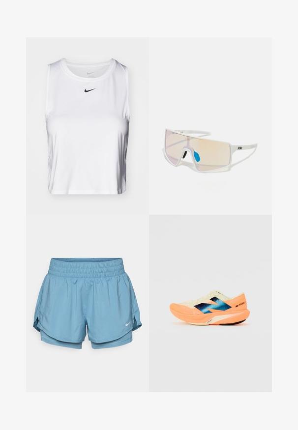 Biela bezrukávová športová blúzka vyrobená z hladkej látky, s okrúhlym výstrihom a malým čiernym logom Nike na hrudi.; Svetlo modré športové šortky so širokým elastickým pásom, vnútornou podšívkou a bočnými rozparokmi pre lepší pohyb. Obsahujú malé biele logo.; Bežecká obuv s ľahkým krémovým zvrškom, modrým brandingom a oranžovými akcentmi na podrážke. Sieťovina pre lepšiu priedušnosť.; Slnečné okuliare s bielym rámom a veľkými gradientovými šošovkami s ružovým až svetlooranžovým tónom, zvýraznené modrým nosníkom a detailom loga.